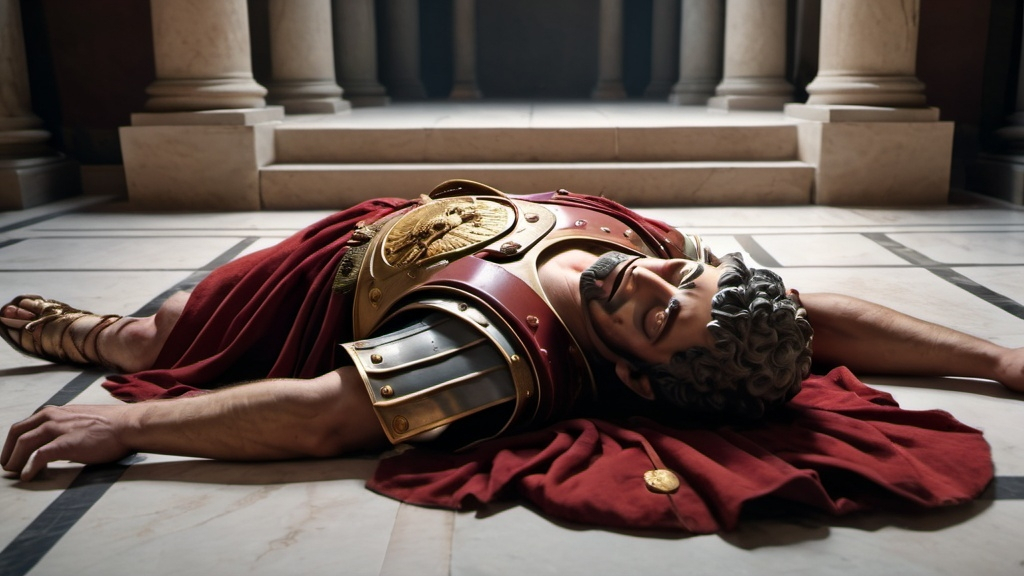 Prompt: A roman emperor lying dead on the floor, in 4k HD quality