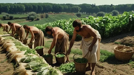 Prompt: roman slave farmers filling bags with crops, in 4k HD quality