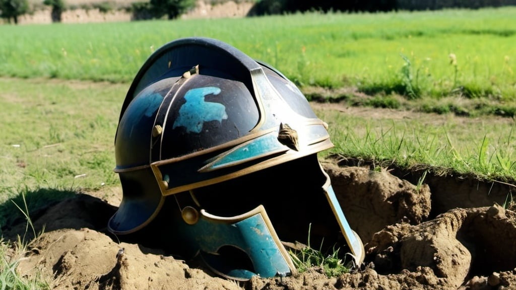 Prompt: An old and worn roman army helmet laying empty and partially buried on a field, seen from a distance of 3 meters, in 4k HD quality