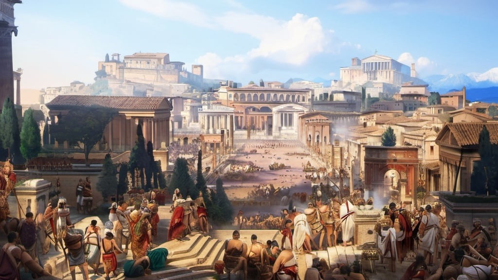 Prompt: Trading in the roman empire. Faces look extremely realistic and in 4k HD quality
