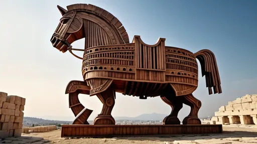 Prompt: An epic image of the giant trojan horse, made with pieces of wooden ships, with an ancient greek city landscape, in 4k HD quality