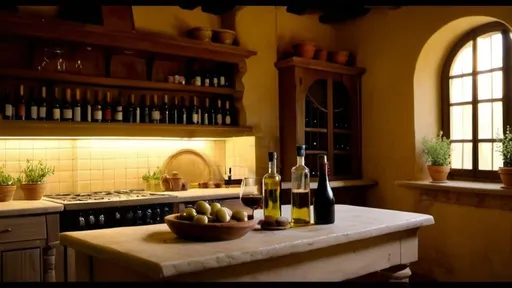 Prompt: a roman kitchen with wine and olive oil, in 4k HD quality