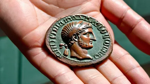 Prompt: a few roman copper coins on the hand of a roman citizen