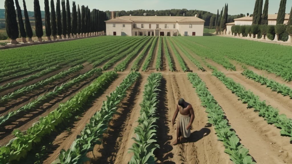 Prompt: roman slaves tending to crops in a large roman agricultural estate, in 4k HD quality