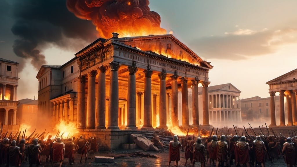 Prompt: An ancient roman city in flames while being attacked by barbarians, with sparks of fire falling from the sky and a foggy background