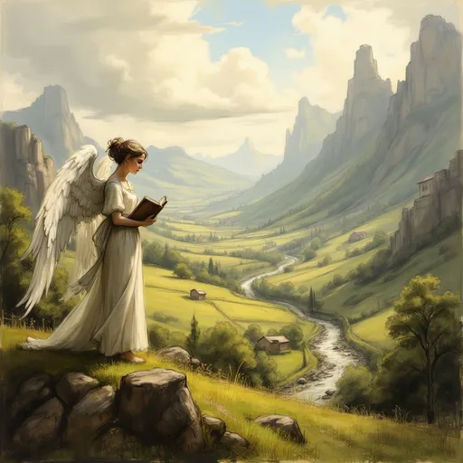 Prompt: <mymodel> DnD, an angel looking at a (((flat lush valley hill))), holding a book. River, fantasy, heavenly beauty, 8k, high detail, sharp focus,  highly detailed, detailed and high quality background, oil painting, digital painting, Trending on artstation, UHD, 128K, quality, artgerm, highest quality stylized character concept masterpiece, award winning digital 3d, hyper-realistic, intricate, 128K, UHD, HDR, cinematic 3D volumetric, illustration by Marc Simonetti, Carne Griffiths, Conrad Roset, Full HD render + immense detail + dramatic lighting + well lit + fine | ultra - detailed realism, lighting, high - quality, engraved