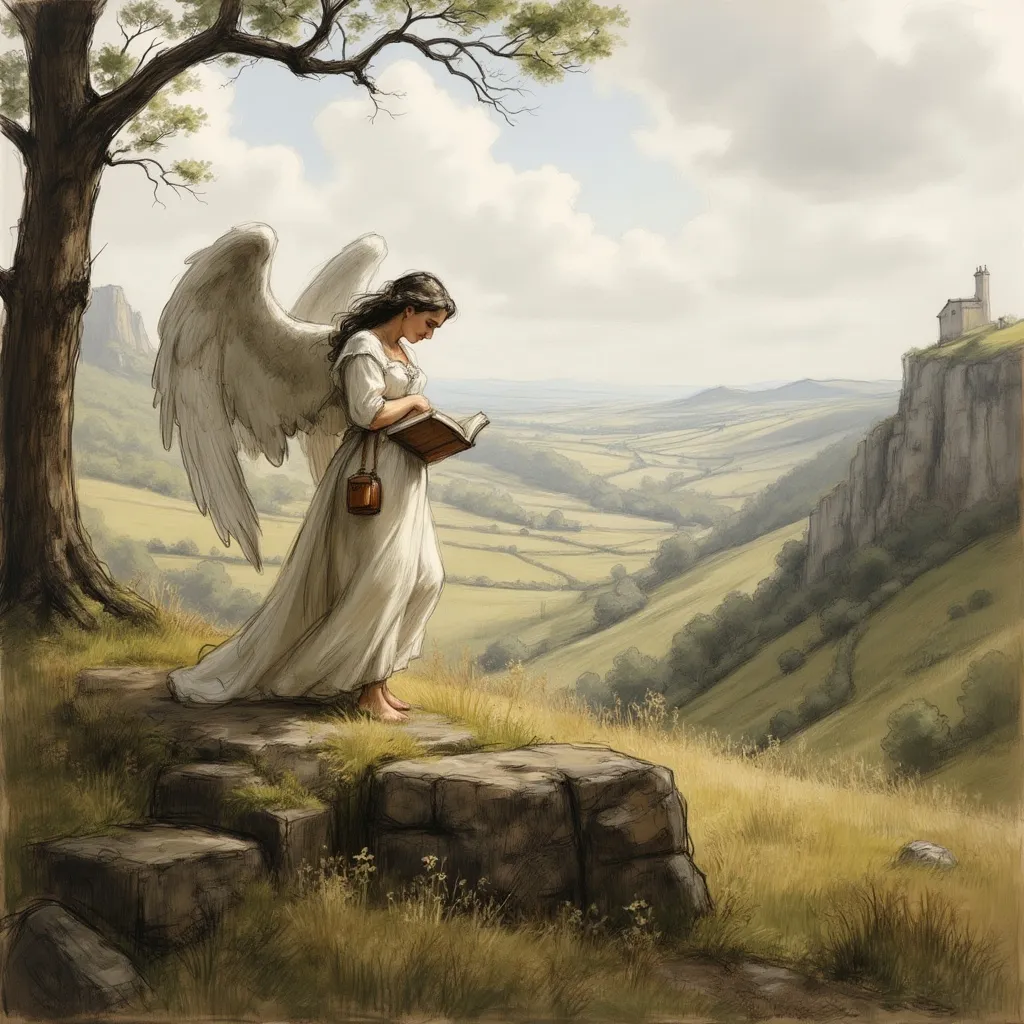 Prompt: <mymodel> DnD, an angel looking at a (((flat lush valley hill))), holding a book. River, fantasy, heavenly beauty, 8k, high detail, sharp focus,  highly detailed, detailed and high quality background, oil painting, digital painting, Trending on artstation, UHD, 128K, quality, artgerm, highest quality stylized character concept masterpiece, award winning digital 3d, hyper-realistic, intricate, 128K, UHD, HDR, cinematic 3D volumetric, illustration by Marc Simonetti, Carne Griffiths, Conrad Roset, Full HD render + immense detail + dramatic lighting + well lit + fine | ultra - detailed realism, lighting, high - quality, engraved