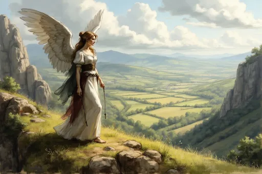 Prompt: <mymodel> DnD, an angel looking at a (((flat lush valley hill))), holding a square and a compass. River, fantasy, heavenly beauty, 8k, high detail, sharp focus,  highly detailed, detailed and high quality background, oil painting, digital painting, Trending on artstation, UHD, 128K, quality, artgerm, highest quality stylized character concept masterpiece, award winning digital 3d, hyper-realistic, intricate, 128K, UHD, HDR, cinematic 3D volumetric, illustration by Marc Simonetti, Carne Griffiths, Conrad Roset, Full HD render + immense detail + dramatic lighting + well lit + fine | ultra - detailed realism, lighting, high - quality, engraved