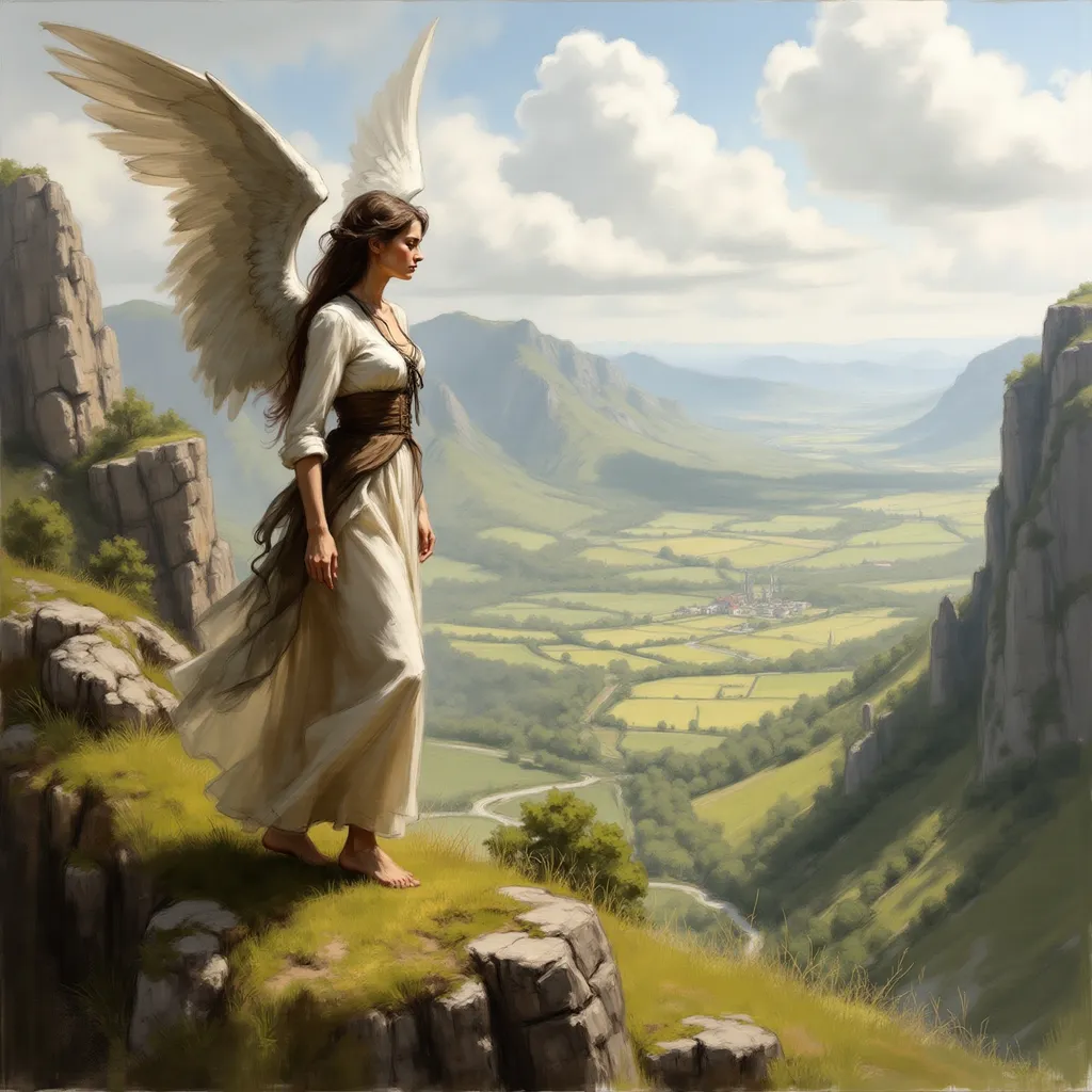 Prompt: a painting of a female angel standing on a cliff overlooking a valley and mountains with green fields and trees, Christophe Vacher, fantasy art, magic the gathering artwork, a matte painting