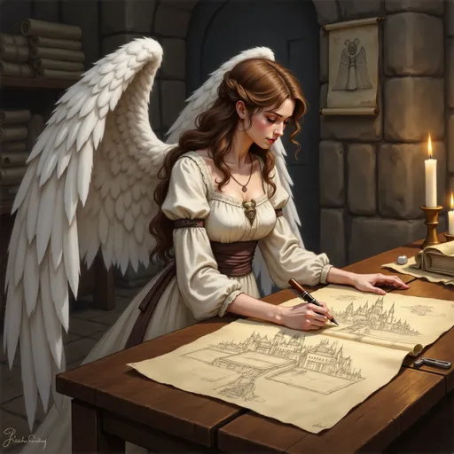 Prompt:  @oCiQKLokBzXeyKGkZ2m3 is writing in an old patchment the blueprints of a city. she wear DnD cloth