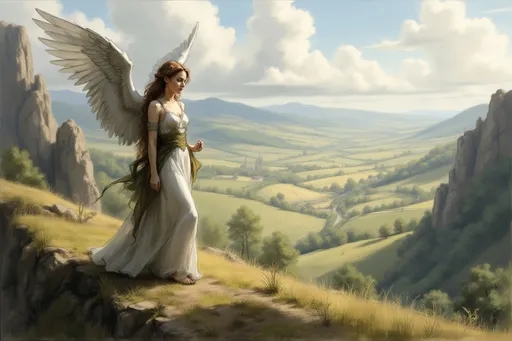 Prompt: <mymodel> DnD, an angel looking at a (((flat lush valley hill))). River, fantasy, heavenly beauty, 8k, high detail, sharp focus,  highly detailed, detailed and high quality background, oil painting, digital painting, Trending on artstation, UHD, 128K, quality, artgerm, highest quality stylized character concept masterpiece, award winning digital 3d, hyper-realistic, intricate, 128K, UHD, HDR, cinematic 3D volumetric, illustration by Marc Simonetti, Carne Griffiths, Conrad Roset, Full HD render + immense detail + dramatic lighting + well lit + fine | ultra - detailed realism, lighting, high - quality, engraved