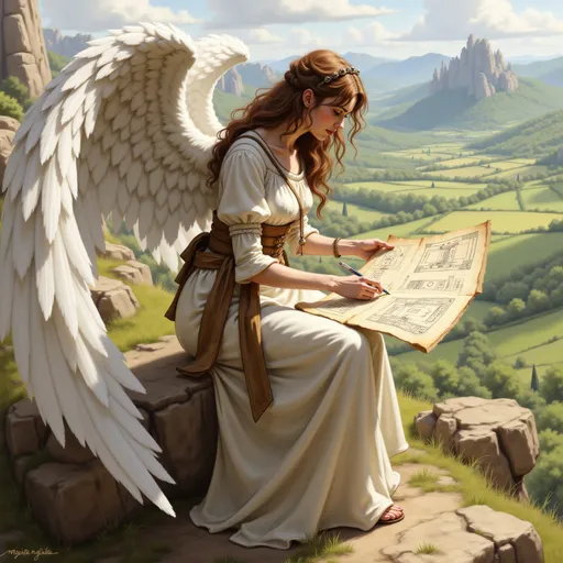 Prompt: A full-body illustration of a female angel, @oCiQKLokBzXeyKGkZ2m3 , intently designing blueprints of a city on an ancient parchment. She is dressed in intricate DnD-inspired clothing, featuring flowing fabrics adorned with mystical symbols and rich textures. The scene is set incloth standing on a cliff overlooking a valley and mountains with green fields and trees. Her delicate fingers trace the lines of the blueprints, showcasing concentration and creativity. The camera angle captures her from a fulll body view, emphasizing her focused expression and the detailed work before her, while the warm atmosphere enhances the sense of inspiration and artistry. Christophe Vacher, fantasy art, magic the gathering artwork, a matte painting, sketch
