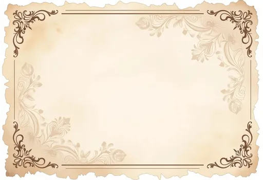 Prompt: travel photo frame. postal card. An elegantly aged piece of stationery unfolds with intricate patterns beneath a soft beige hue, surrounded by a delicate, torn-edged border that enhances its vintage charm. The corners are adorned with rich, dark brown decorative accents, adding a touch of sophistication to the overall presentation. The background features faint swirling motifs that evoke a sense of nostalgia while the light imperfections suggest a timeworn quality, inviting a closer look. This blank canvas beckons for personal writing or mementos, embodying a timeless elegance that hints at stories waiting to be told. The gentle, muted tones and subtle textures create a serene, inviting mood, perfect for capturing cherished memories.