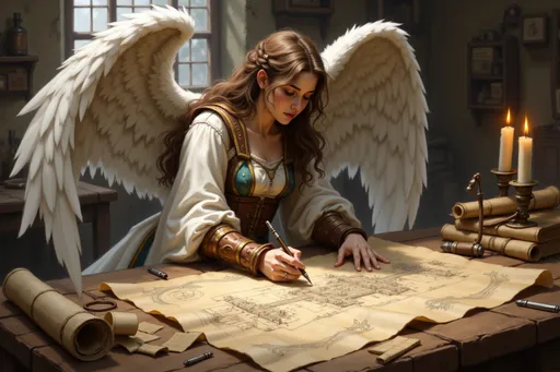 Prompt:  @oCiQKLokBzXeyKGkZ2m3 is designing in an old patchment the blueprints of a city. she wear DnD cloth