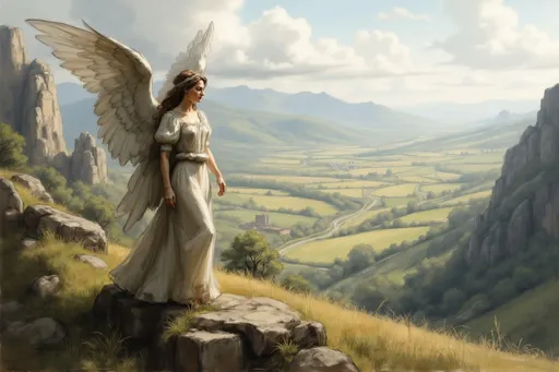 Prompt: <mymodel>  DnD, an (((angel))) is looking at a (((flat lush valley hill))) over a mountain. River, fantasy, heavenly beauty, 8k, high detail, sharp focus,  highly detailed, detailed and high quality background, oil painting, digital painting, Trending on artstation, UHD, 128K, quality, artgerm, highest quality stylized character concept masterpiece, award winning digital 3d, hyper-realistic, intricate, 128K, UHD, HDR, cinematic 3D volumetric, illustration by Marc Simonetti, Carne Griffiths, Conrad Roset, Full HD render + immense detail + dramatic lighting + well lit + fine | ultra - detailed realism, lighting, high - quality, engraved