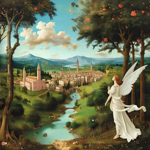 Prompt: (Boticelli-inspired) scene of an alchemist in a lush valley, (vibrant) green landscape with a flowing river, an ethereal angel above, (designing a city) with intricate architecture, (soft dreamy lighting), (romantic atmosphere), (ultra-detailed), capturing the magic of creativity in nature's embrace. Rich pastel colors, conveying a sense of warmth and harmony in this picturesque setting.