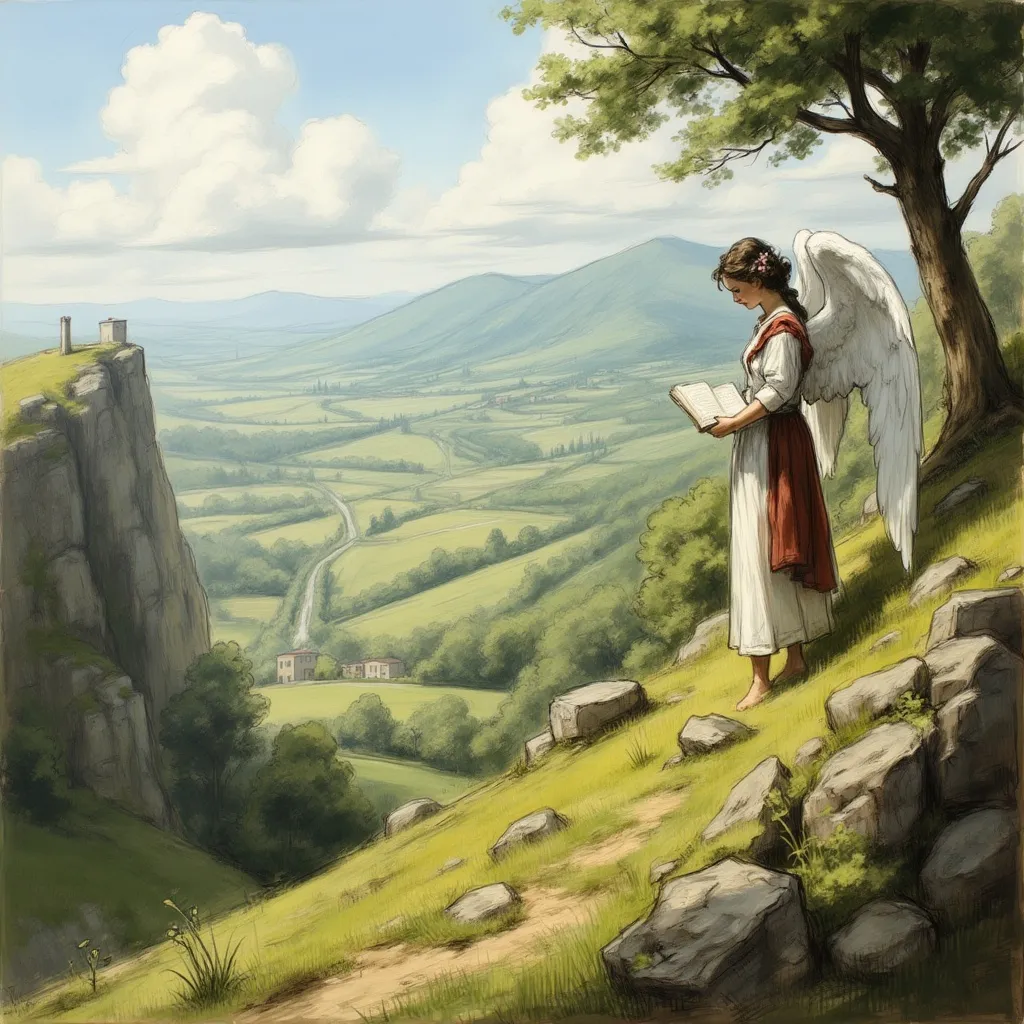 Prompt: <mymodel> DnD, an angel looking at a (((flat lush valley hill))), holding a book. River, fantasy, heavenly beauty, 8k, high detail, sharp focus,  highly detailed, detailed and high quality background, oil painting, digital painting, Trending on artstation, UHD, 128K, quality, artgerm, highest quality stylized character concept masterpiece, award winning digital 3d, hyper-realistic, intricate, 128K, UHD, HDR, cinematic 3D volumetric, illustration by Marc Simonetti, Carne Griffiths, Conrad Roset, Full HD render + immense detail + dramatic lighting + well lit + fine | ultra - detailed realism, lighting, high - quality, engraved