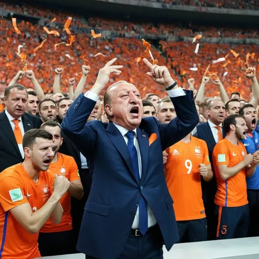 Prompt: Netherlands defeating Turkey in the European Championship (EURO). The scene should be set in a football stadium with Dutch fans celebrating. Show in the foreground, the dutch players skewering kebab sticks, as if they are using them as trophies. illustrate Turkish President Recep Tayyip Erdoğan crying with visible tears, in a corner and honking, to demonstrate his discontent with the loss
