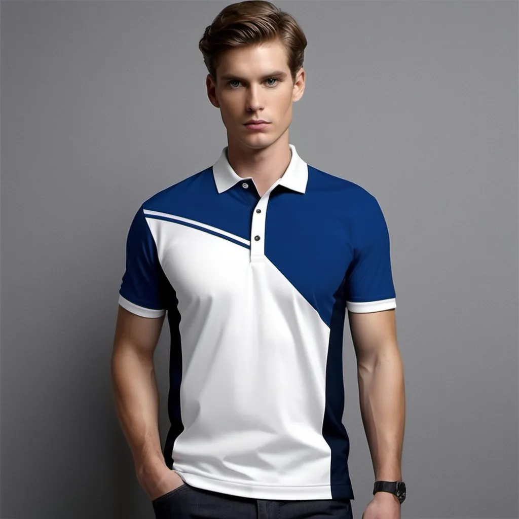 Prompt: dark blue or royal blue and white polo shirt print design layout geometric lines and shapes make it full of design lines shapes geometric designs and make it maximized