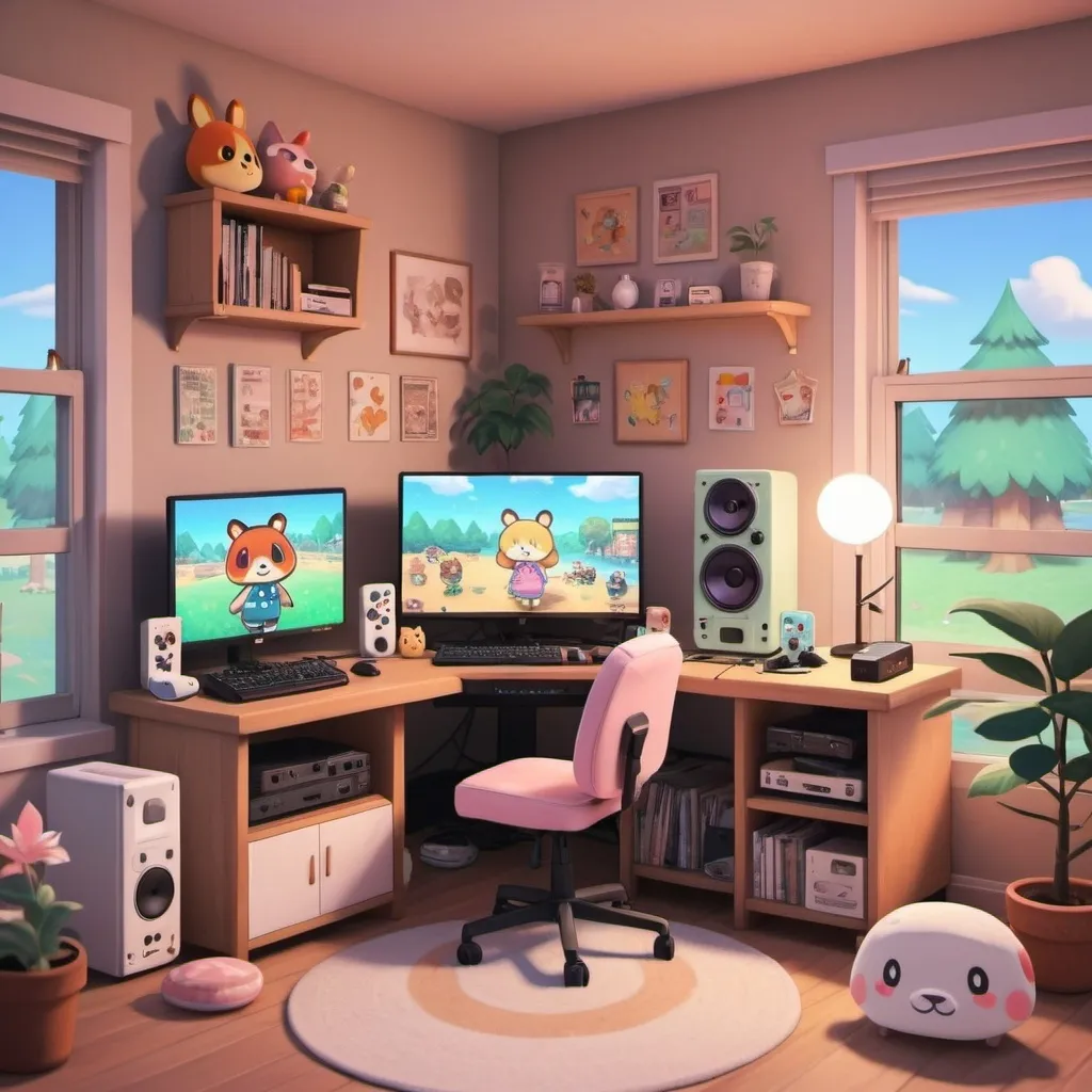 Prompt: a gaming setup chill lo fi, super cute, animal crossing, videogamer and a frontal desktop