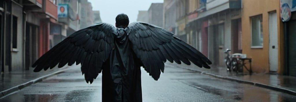 Prompt: A cinematic shot from a man. 
He has two broken wings on his shoulder.
 He is standing on a street . There is no one on the street except him. All the wings are in the picture and not crop. He put on a raincoat. He looks at the ground and .His back is not to the camera. His face is towards us