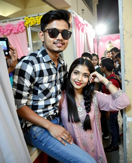 Prompt: Amidst a vibrant backdrop of pink drapes and festive decor, a young couple stands close together, exuding a sense of joy and celebration. The young man wears a black and white checkered shirt, paired with denim jeans, presenting a casual yet neat appearance. Beside him, the young woman radiates elegance in her intricately embroidered pink attire and adorned dupatta, her hair elegantly braided and enhanced by subtle makeup. The scene is lively, illuminated by soft lighting, suggesting a nighttime celebration possibly linked to a cultural or social event, while a blurred crowd in the background hints at the gathering’s vibrancy and communal spirit. The overall ambiance brims with warmth and excitement, reflecting a moment of connection and happiness.