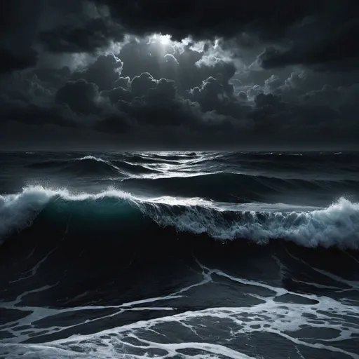 Prompt: darkness in a deep sea, covered by waves upon waves, topped by ˹dark˺ clouds. Darkness upon darkness! If one stretches out their hand, they can hardly see it.