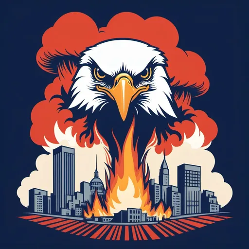 Prompt: a logo which contains a patriotic city on fire complete with a mushroom cloud from a nuclear explosion overlaid with an eagle looking to the left