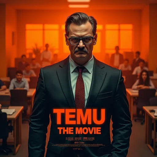 Prompt: Here is the revised poster:  [Image description: A menacing manager with a mischievous grin stands in front of an orange office filled with terrified workers]  TEMU: THE MOVIE  (In serif font)  Release Date: November 12, 2024  Synopsis:  In a world where corporate greed reigns supreme, one manager will stop at nothing to achieve success. TEMU: THE MOVIE is a thrilling tale of power, corruption, and the true cost of ambition.  Tagline: "The corporate ladder just got a whole lot deadlier."