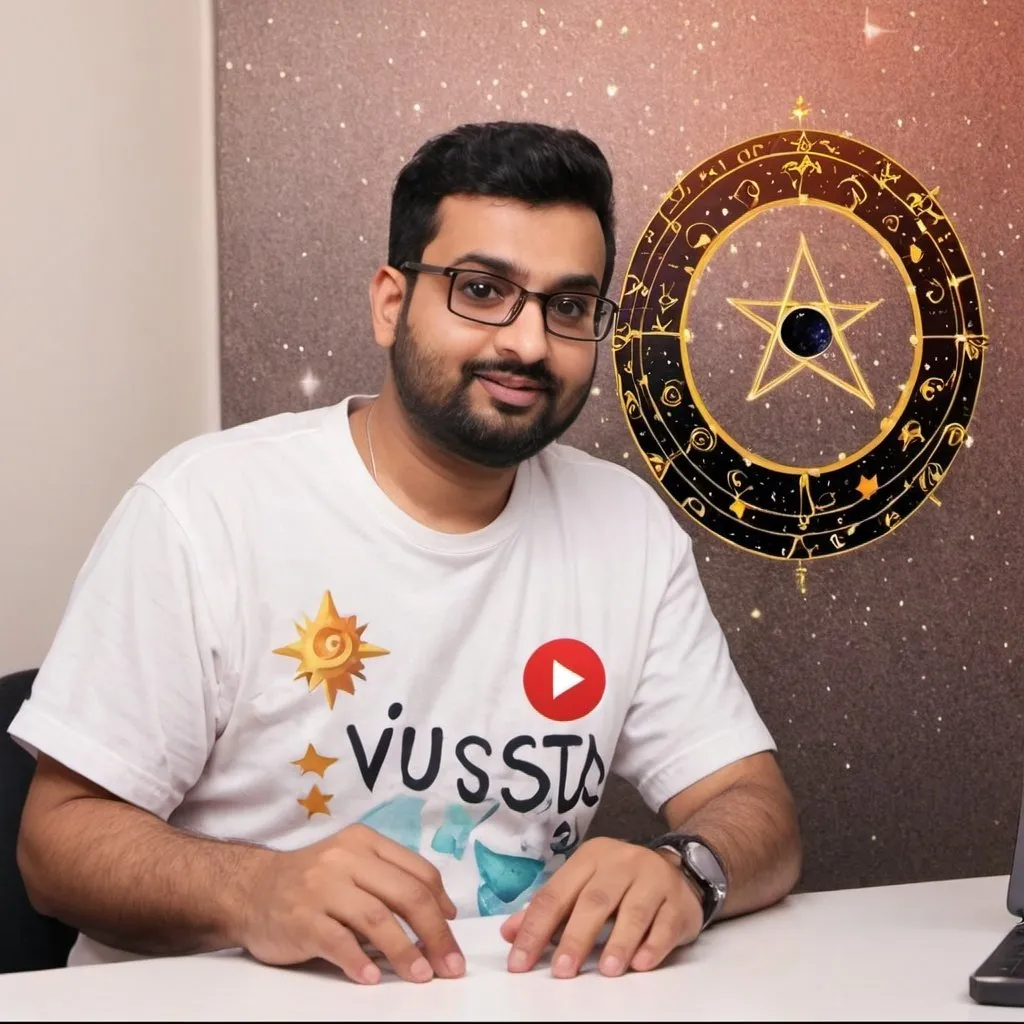 Prompt: Make an animation logo of a youtube channel named "Astrology Vlogs & Podcasts" with astrologer varun mehta with his imave