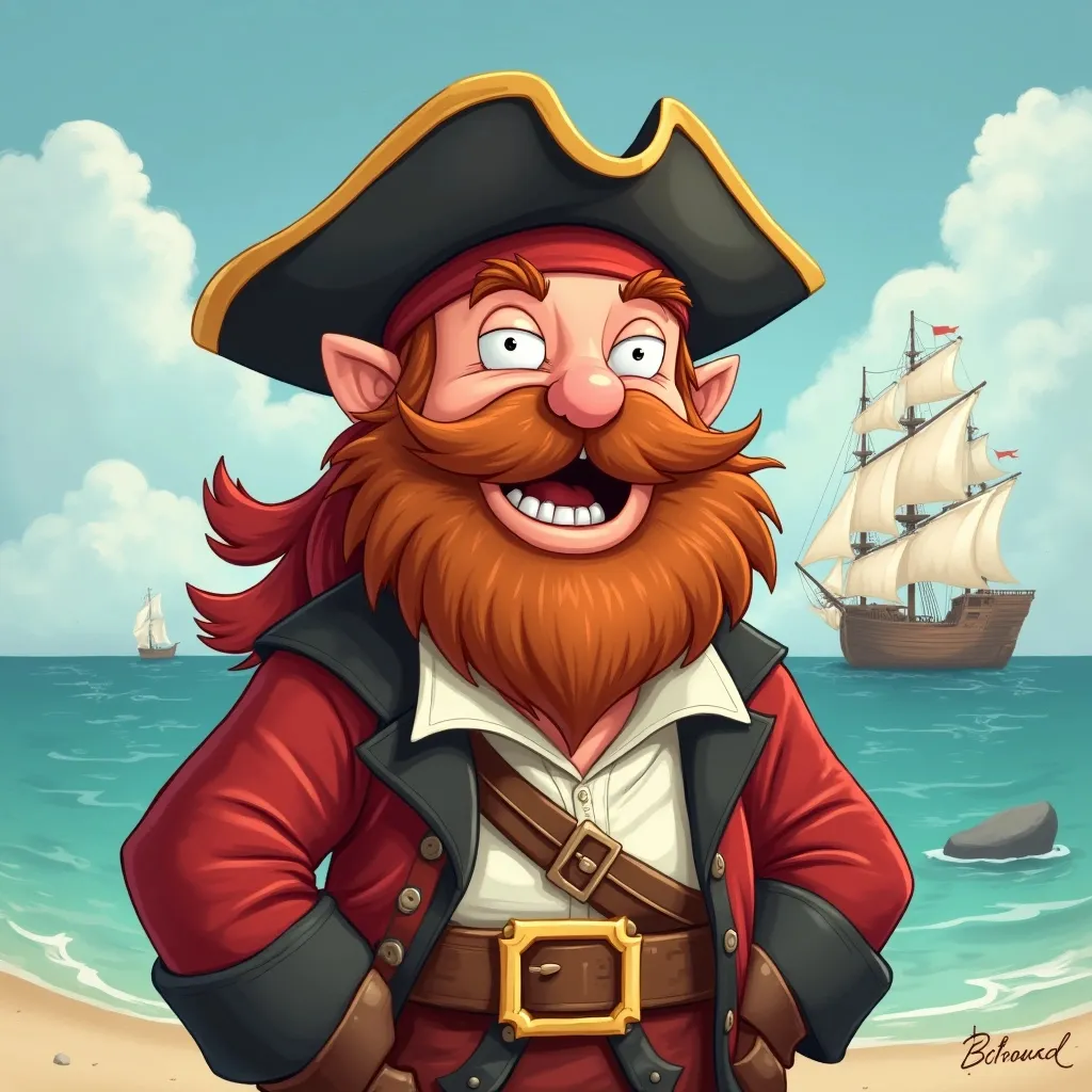 Prompt: Erstelle ein nettes Bild eines Piraten Kapitäns Namens Kapitän Einzahn für ein Kinderbuch 