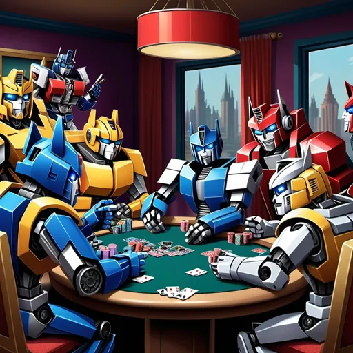 Prompt: Disney style transformers playing poker like the dogs playing poker picture