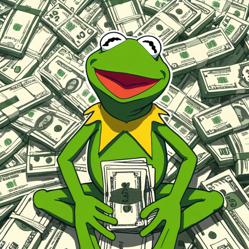 Prompt: 2d flat art, Kermit the frog with a pile of money