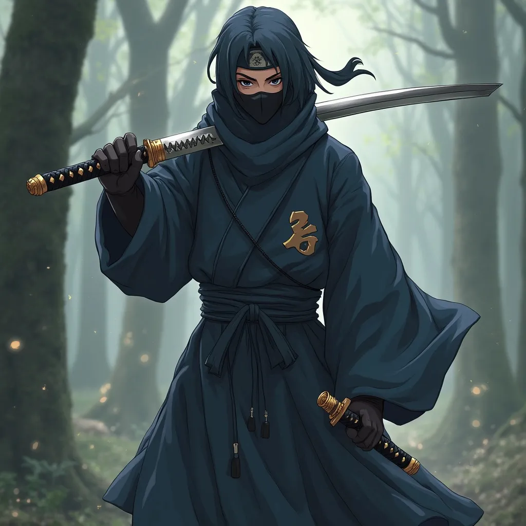 Prompt: Ninja male with suriken and kunai in the Konoha