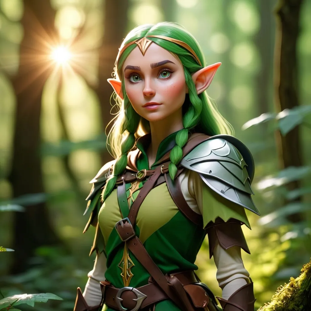 Prompt: Elf ranger in a mystical forest around sunlight