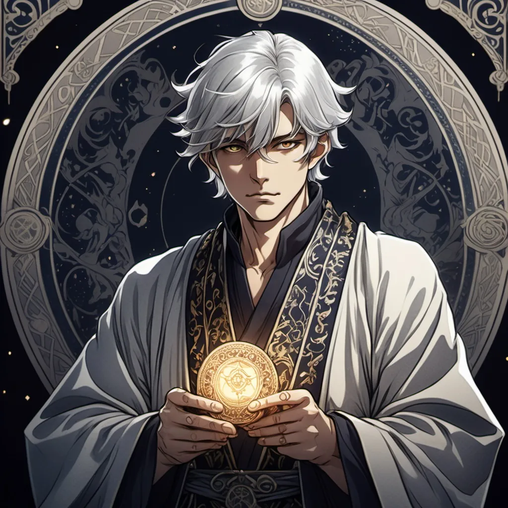 Prompt: tarot card Anime illustration, a silver-haired male, detailed ornate cloth robe, dramatic lighting