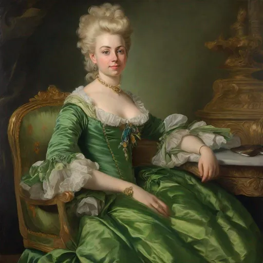 Prompt: Rococo era portrait of a woman, oil painting, luxurious clothing. blonde hair. with green dress sitting elgantly