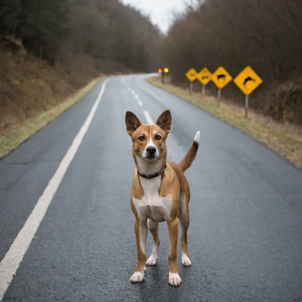 Prompt: A dog standing in road.