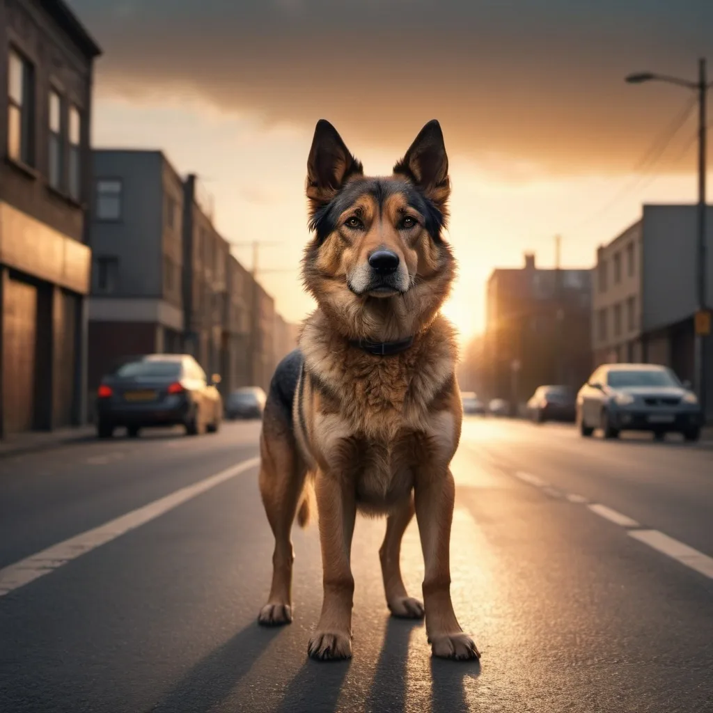 Prompt: A dog standing in road.