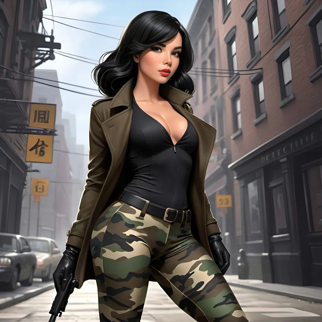 Prompt: Cartoon-style masterpiece of a female detective, medium-length smooth black hair, camouflage leggings, black gloves, atmospheric scene, best quality, detailed beautiful face, detailed skin texture, ultra-detailed body, cartoon, detective, camouflage leggings, black gloves, atmospheric, detailed face, smooth hair, ultra-detailed, professional, highres