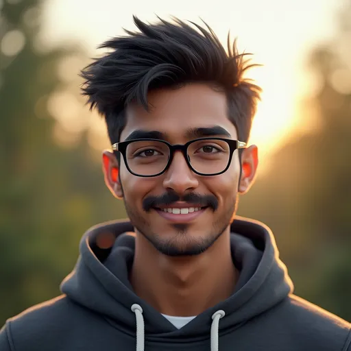 Prompt: "Create a realistic, slightly futuristic young South Asian male with medium brown skin, short wavy black hair, soft mustache, clear glasses, and a confident expression. Wearing a casual urban hoodie. Background is softly blurred nature or tech cityscape. Face is clean and symmetrical, lighting is warm golden hour style. Designed for a faceless AI finance advisor brand — intelligent but friendly look."