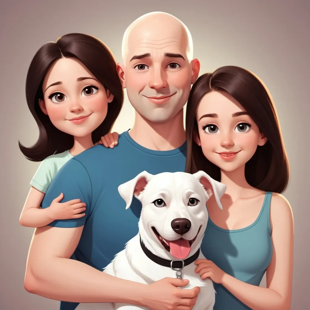 Prompt: Family photo of bald young dad, a brunette mom, one teen daughter and a white dog. Cartoon style.