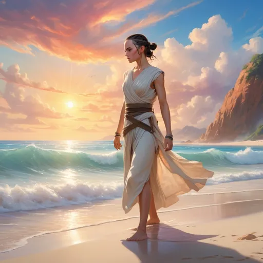 Prompt: (realism style), Rey Skywalker, serene beach scene, (vibrant colors), soft waves lapping, sun-kissed skin, glistening water, warm sand beneath, gentle breeze, dynamic sky filled with colorful clouds, relaxed pose, natural beauty, crystal-clear ocean background, (ultra-detailed), peaceful atmosphere, artistic interpretation merging fantasy and nature, captivating visual storytelling.