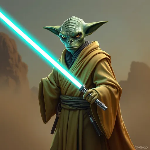 Prompt: <lora:Surrealisto:1.0> gungan Jedi in a tan robe with a lightsaber