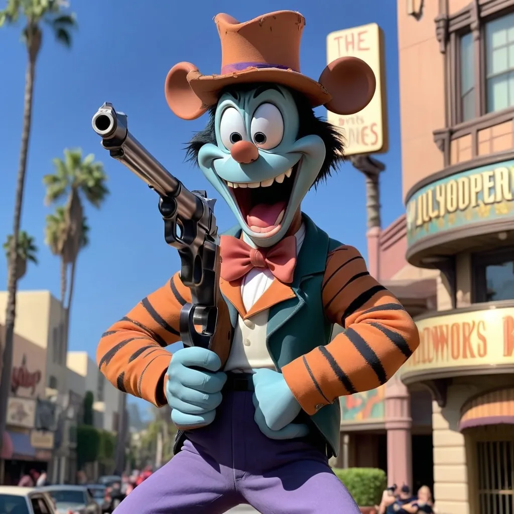 Prompt: Disney's Bonkers with a fake gun in Hollywood