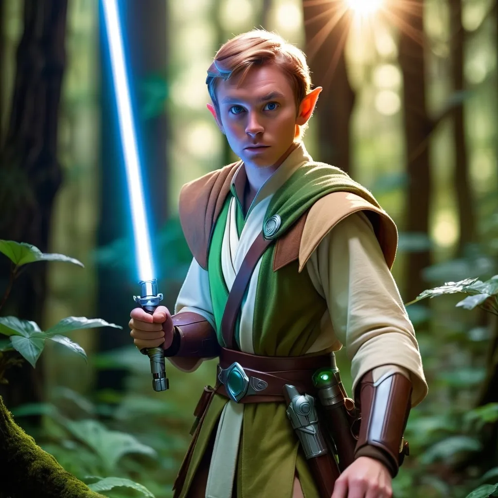 Prompt: Elf ranger in a mystical forest around sunlight, holding Obi-wan Kanobi lightsaber