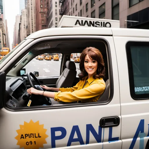 Prompt: April o'neil driving a news van in New York City