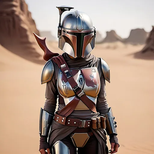 Prompt: Women, asian (the Mandalorian), armor, desert oasis