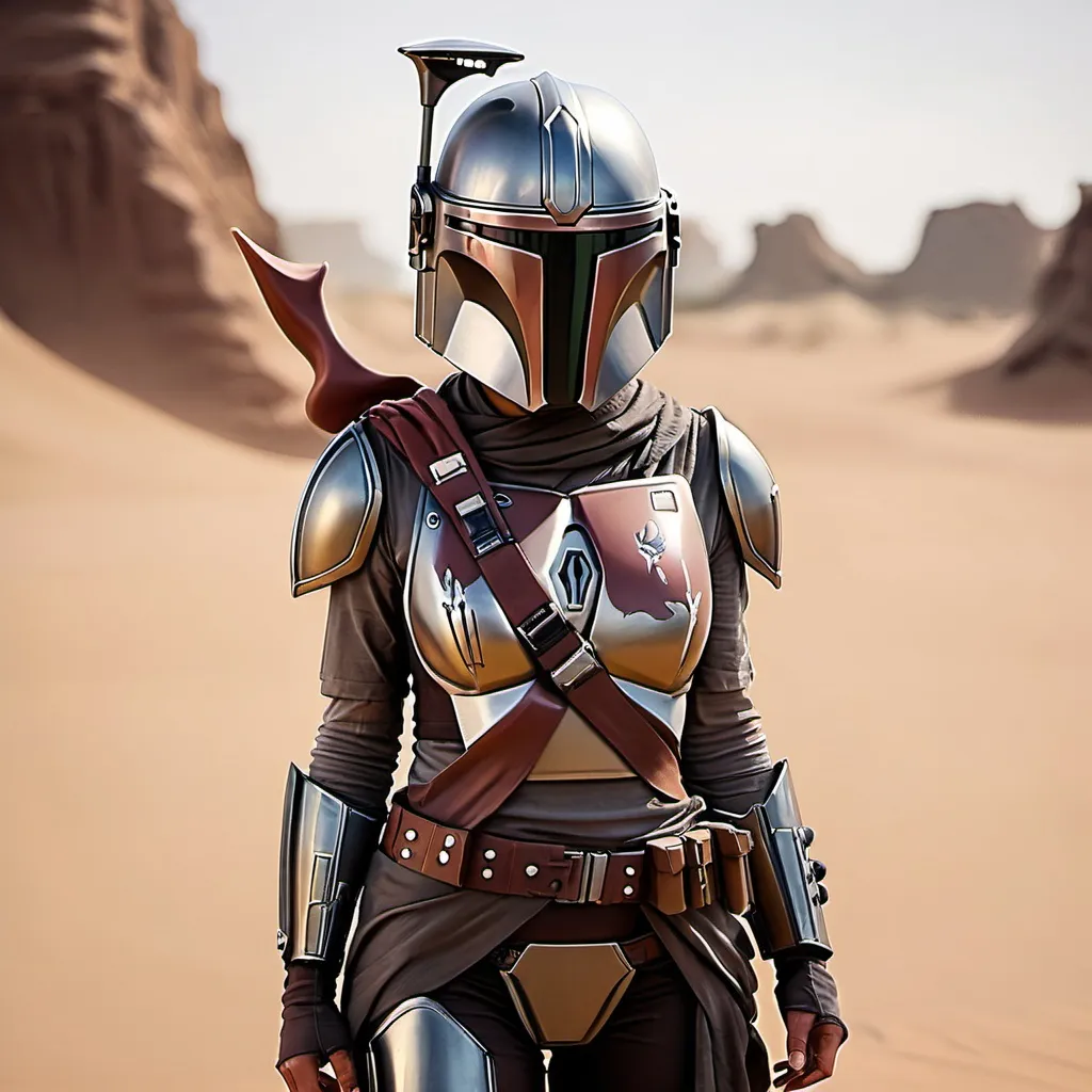 Prompt: Women, asian (the Mandalorian), armor, desert oasis