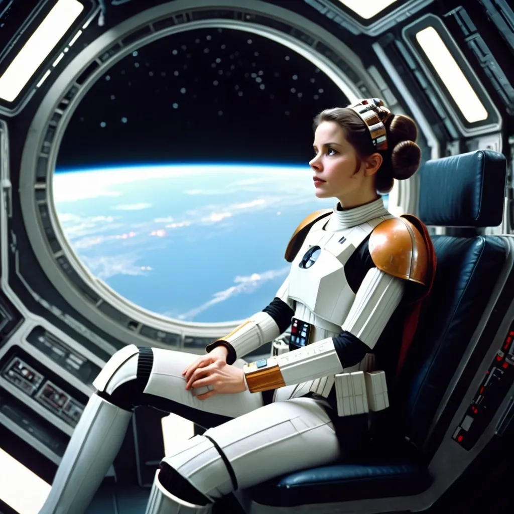 Prompt: a woman in a star wars outfit sitting in a space station with a view of the earth behind her, Edward George Handel Lucas, feminist art, imax 70 mm footage, a detailed matte painting